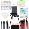 58-Piece Black Portable French Box Easel - 12 Acrylic Tubes, 12 Watercolor Tubes, 12 Color Pencils, 10 Red Handle Larger Brushes, 6 Blue Handle Standard Brushes, 2 9'' x 12'' Canvas Panels, 9'' x 12''