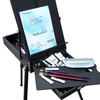 58-Piece Black Portable French Box Easel - 12 Acrylic Tubes, 12 Watercolor Tubes, 12 Color Pencils, 10 Red Handle Larger Brushes, 6 Blue Handle Standard Brushes, 2 9'' x 12'' Canvas Panels, 9'' x 12''