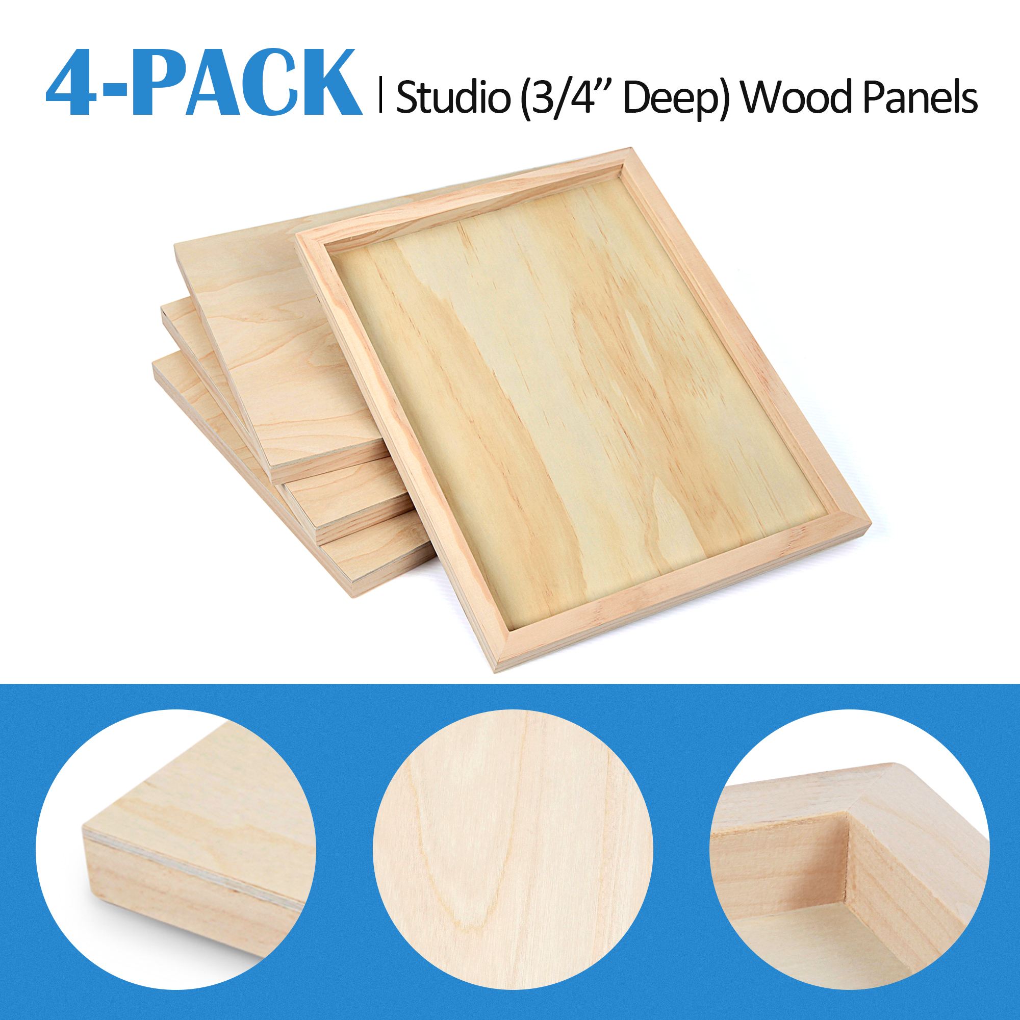 Unfinished Birch Wood Canvas Panels Kit, Falling in Art 4 Pack of 11x14'' Studio 3/4'' Deep Cradle Boards for Pouring Art, Crafts, Painting and More