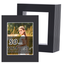 Falling in Art 50 Pack Black Acid Free Pre Cut Mats - 11x14 Picture Frame Mats for 8x10 Photos with Black Core Bevel Cut Matting for Prints, Artwork, and DIY Projects