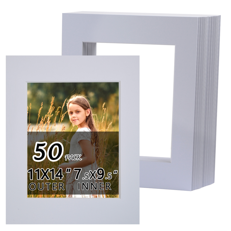 Falling in Art 50 Pack White Acid Free Pre Cut Mats - 11x14 Picture Frame Mats for 8x10 Photos with White Core Bevel Cut Matting for Prints, Artwork, and DIY Projects