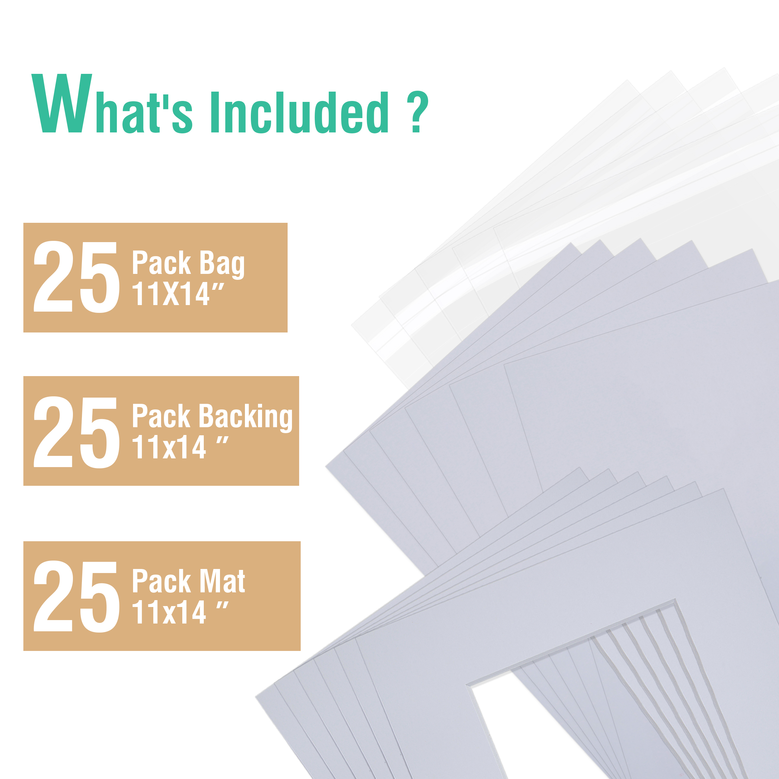 Acid Free 25 Pack 11x14 Pre-Cut Mat Board Show Kit for 8x10 Photos, Prints or Artworks, 25 Core Bevel Cut Matts and 25 Backing Boards and 25 Crystal Plastic Bags, White