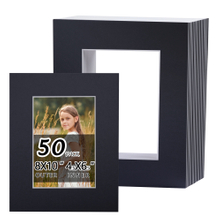 Falling in Art 50 Pack Black Acid Free Pre Cut Mats - 8x10 Picture Frame Mats for 5x7 Photos with Black Core Bevel Cut Matting for Prints, Artwork, and DIY Projects