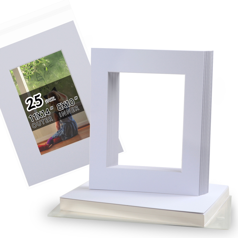 Acid Free 25 Pack 11x14 Pre-Cut Mat Board Show Kit for 8x10 Photos, Prints or Artworks, 25 Core Bevel Cut Matts and 25 Backing Boards and 25 Crystal Plastic Bags, White