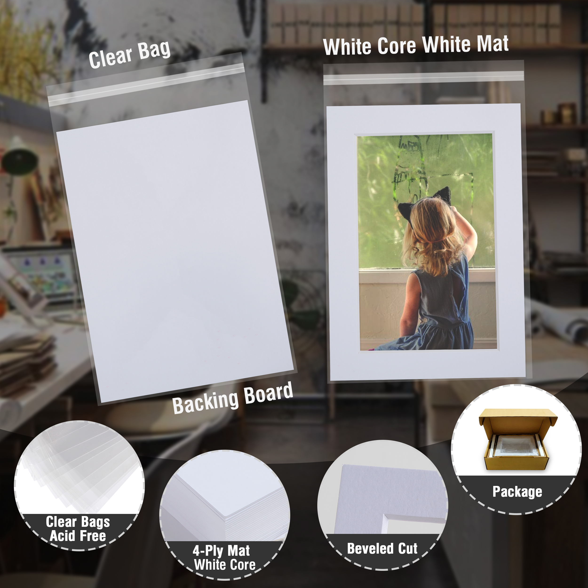 Acid Free 25 Pack 11x14 Pre-Cut Mat Board Show Kit for 8x10 Photos, Prints or Artworks, 25 Core Bevel Cut Matts and 25 Backing Boards and 25 Crystal Plastic Bags, White