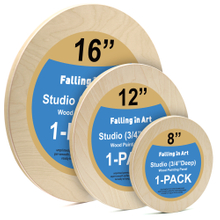Unfinished Round Birch Wood Canvas Panels Kit, Falling in Art 3 Pack of 3 Sizes 8', 12' and 16' Studio 3/4’’ Deep Cradle Boards for Pouring Art, Crafts, Painting, and More