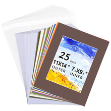Acid Free 25 Pack 11x14 Pre-Cut Mat Board Show Kit for 8x10 Photos, Prints or Artworks, 25 Core Bevel Cut Matts and 25 Backing Boards and 25 Crystal Plastic Bags, Mixed
