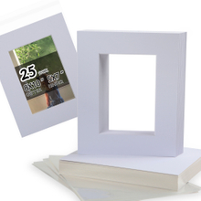 Acid Free 8x10 Pre-Cut Picture Mat Board Kit for 5x7 Photo, Includes 25 White Core Bevel Cut Mattes, 25 Backing Boards, 25 Crystal Clear Bags
